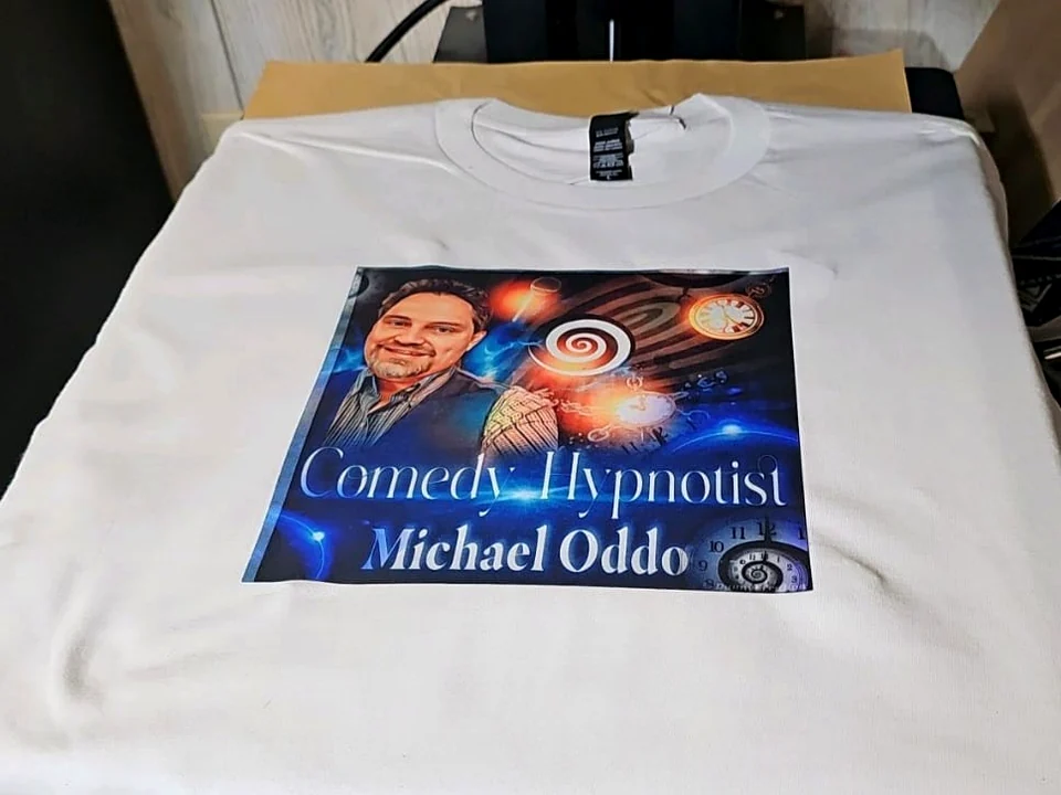 Custom printed Michael Oddo comedy hypnotist shirt